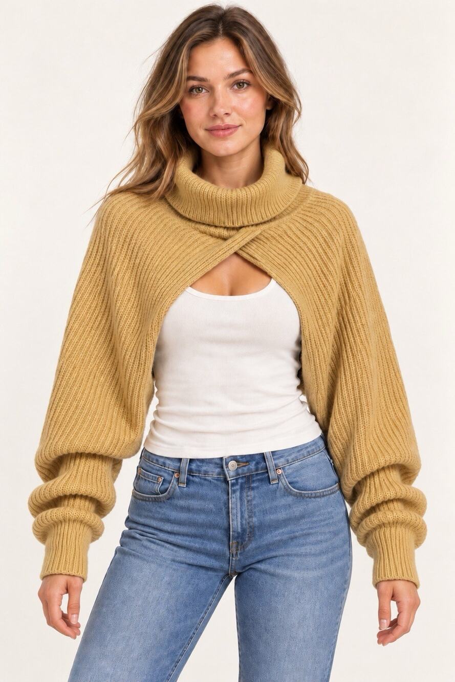 Free People Turtleneck Sleeve Shrug Beige Ribbed Knit One Size NWT